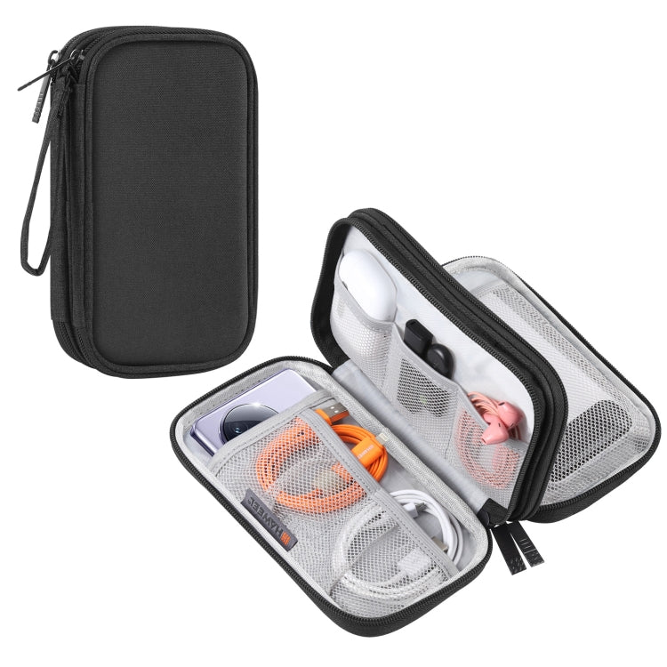BTHG P01 black tech pouch shown closed and open with organized cables and accessories